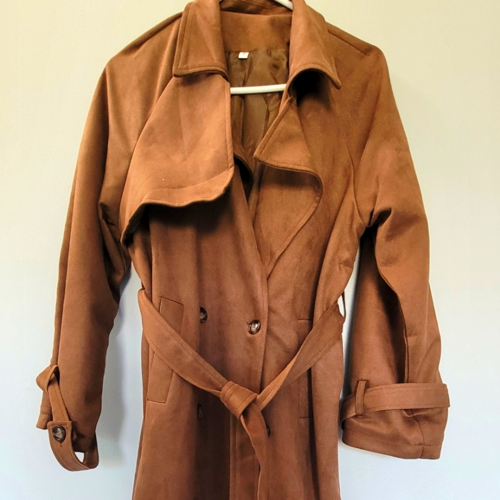 Faux suede double breasted long coat/trenchcoat - Size S